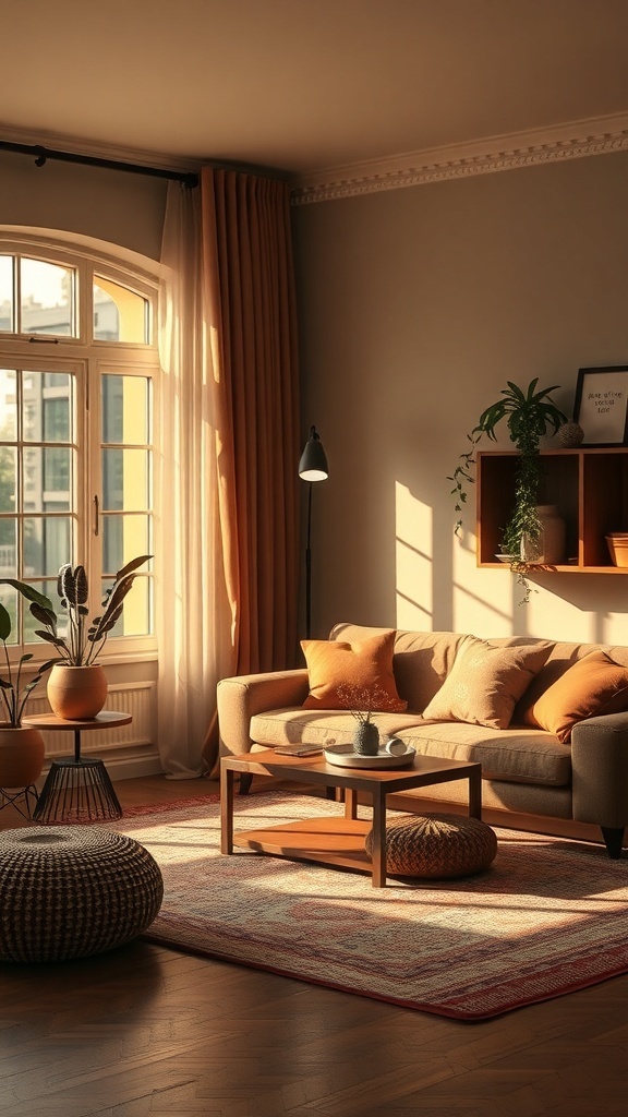 A cozy living room with warm colors, featuring a sofa, cushions, and natural light.