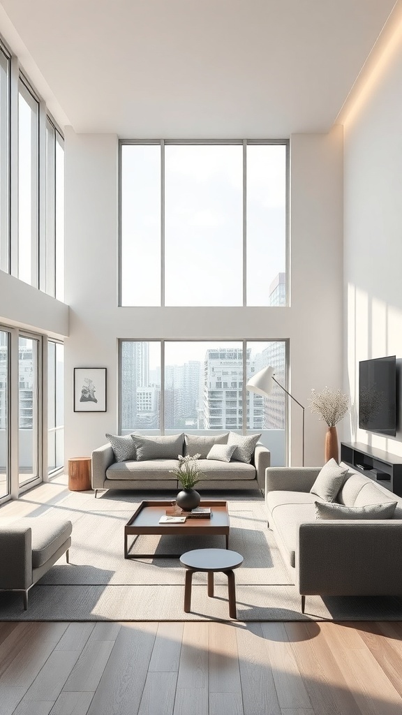 A contemporary minimalist living room with large windows, gray sofas, and a simple coffee table.