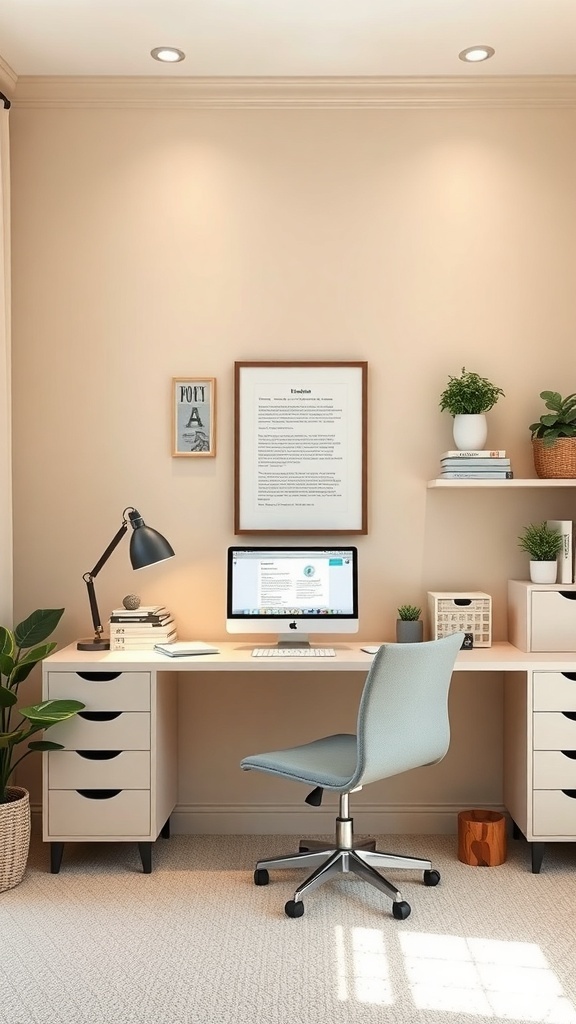 A cozy home office with a light beige color scheme, featuring a desk, chair, computer, and plants.