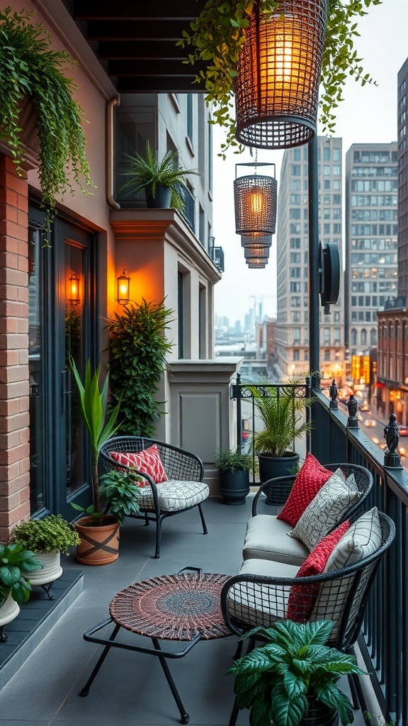 13 Awesome Home Decor Inspo to Transform Your Space 12 Stylish urban balcony with cozy seating, plants, and warm lighting.