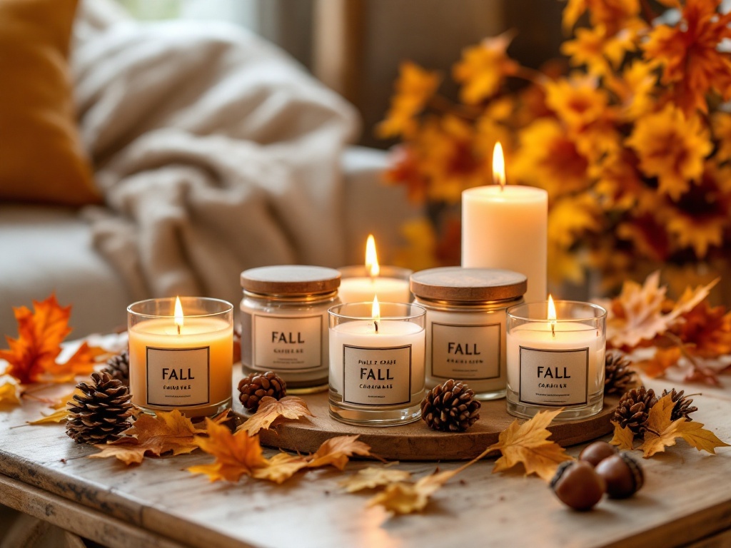 5 Cozy Fall Home Decor Ideas You’ll Love 2 A cozy arrangement of fall scented candles surrounded by autumn leaves and pinecones.