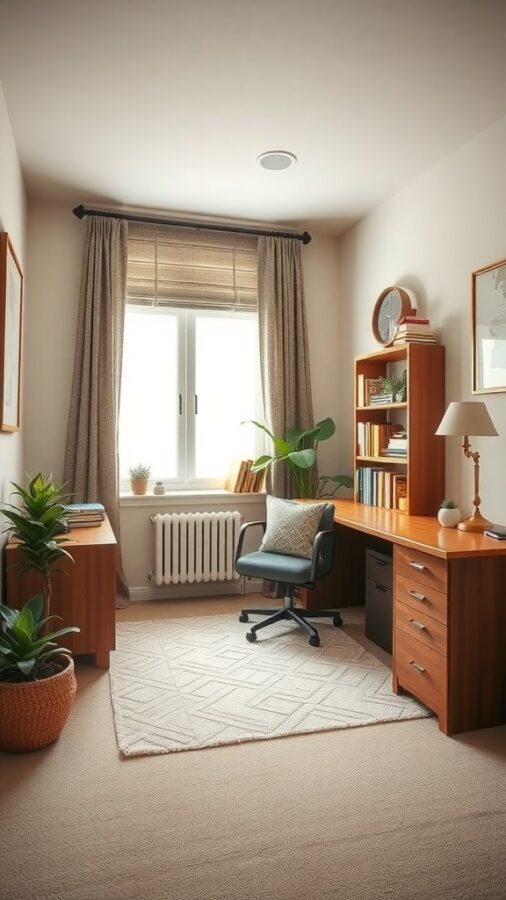 A cozy home office with a reading nook featuring a chair, bookshelf, and plants.