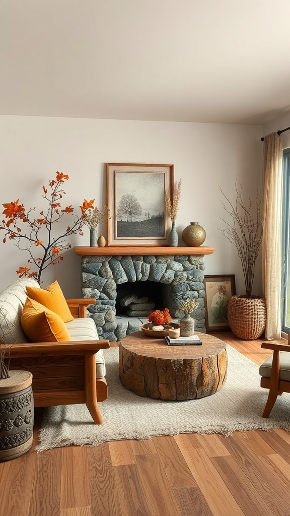 A cozy living room featuring a stone fireplace, wooden furniture, and autumn decorations.