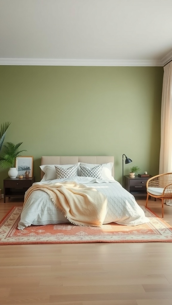 A cozy sage green bedroom featuring a bed with patterned pillows, a light blanket, and a decorative rug.