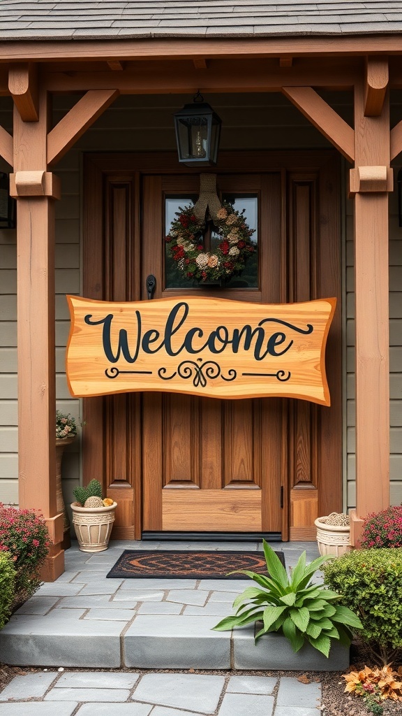 A wooden welcome sign hanging at a front door, surrounded by plants and a wreath.
