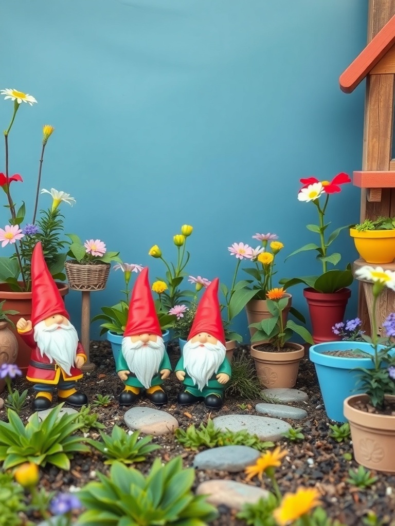 14 Whimsical Home Decor Items to Spark Your Imagination 11 Three colorful garden gnomes surrounded by blooming flowers and potted plants.