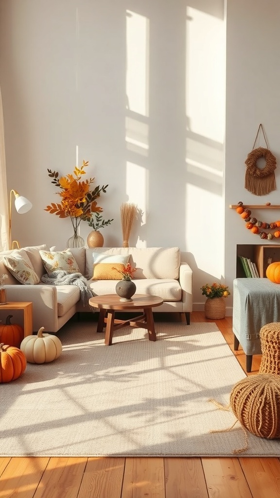 A cozy fall living room featuring a warm neutral rug, pumpkins, and autumn decorations.