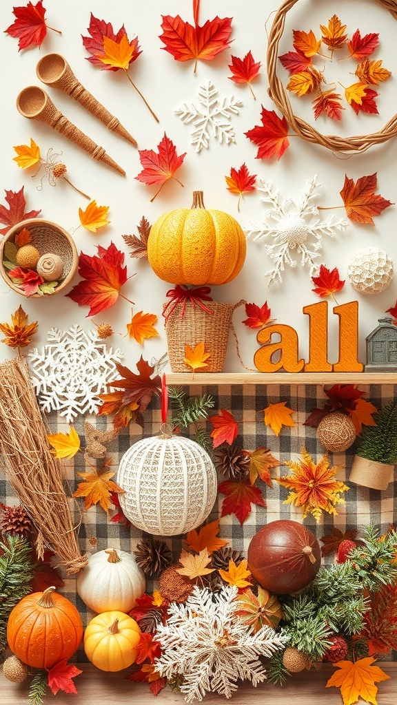 A collection of autumn-themed decorations including pumpkins, leaves, and crafts arranged on a table.