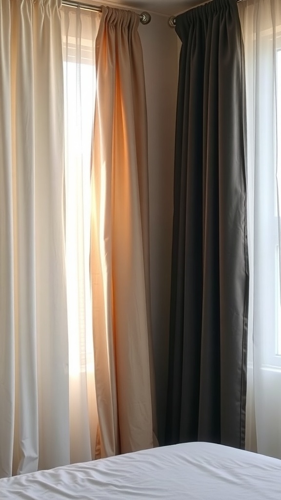 A bedroom window with sheer curtains on one side and blackout curtains on the other, showcasing a balance of light and darkness.