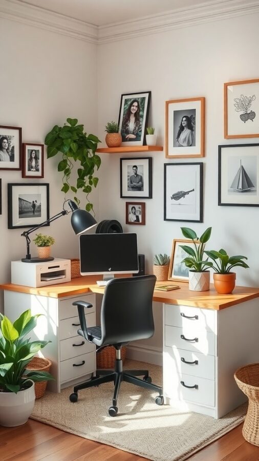 A cozy home office with a wooden desk, black chair, and decorative plants and framed photos on the walls.