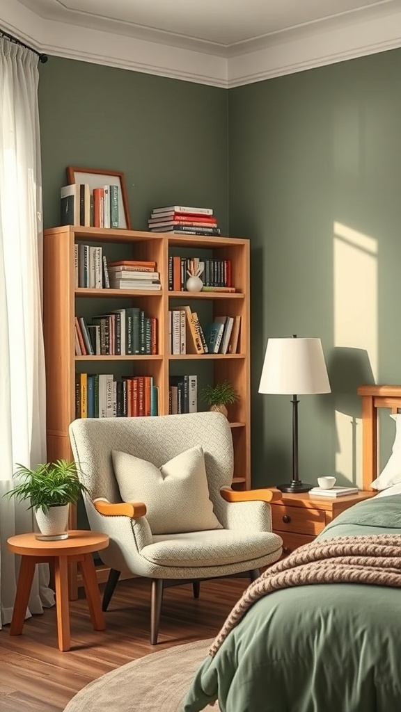 A cozy reading nook in a sage green bedroom featuring a comfortable chair, a small table with a plant, and a bookshelf filled with books.
