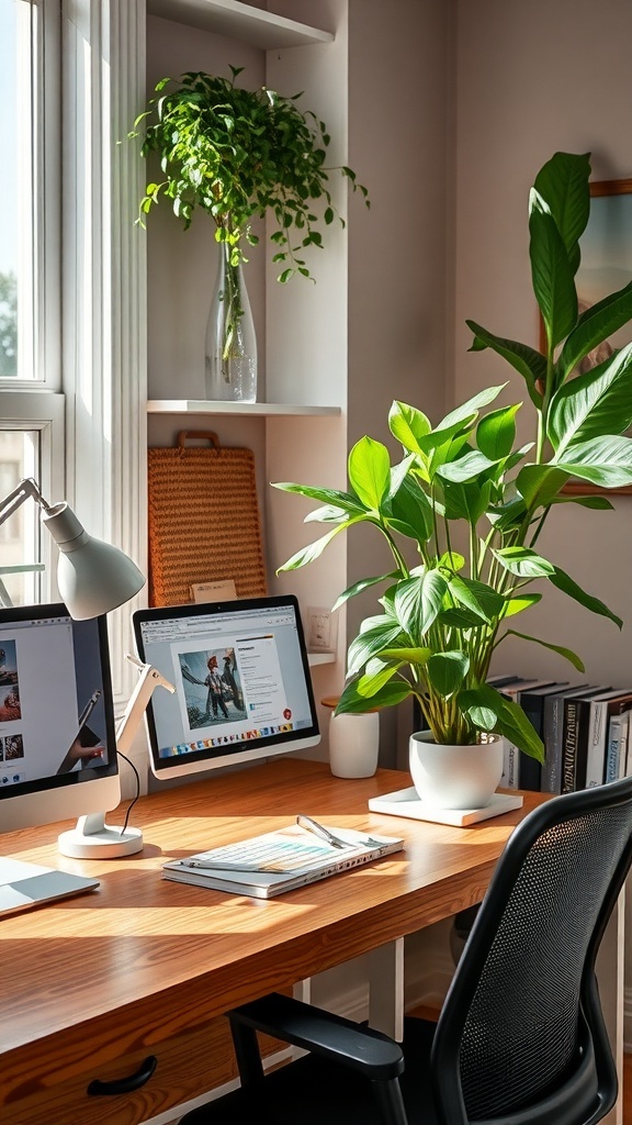 A bright home office filled with various indoor plants, featuring a desk with two monitors and a cozy atmosphere.