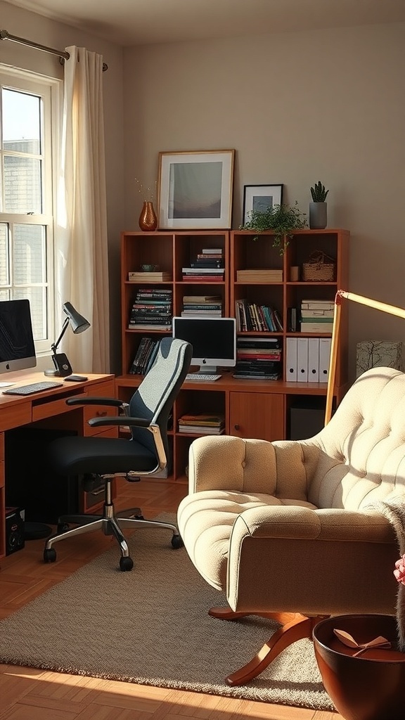 A cozy home office featuring a plush armchair and an ergonomic office chair, with a desk and bookshelves in the background.