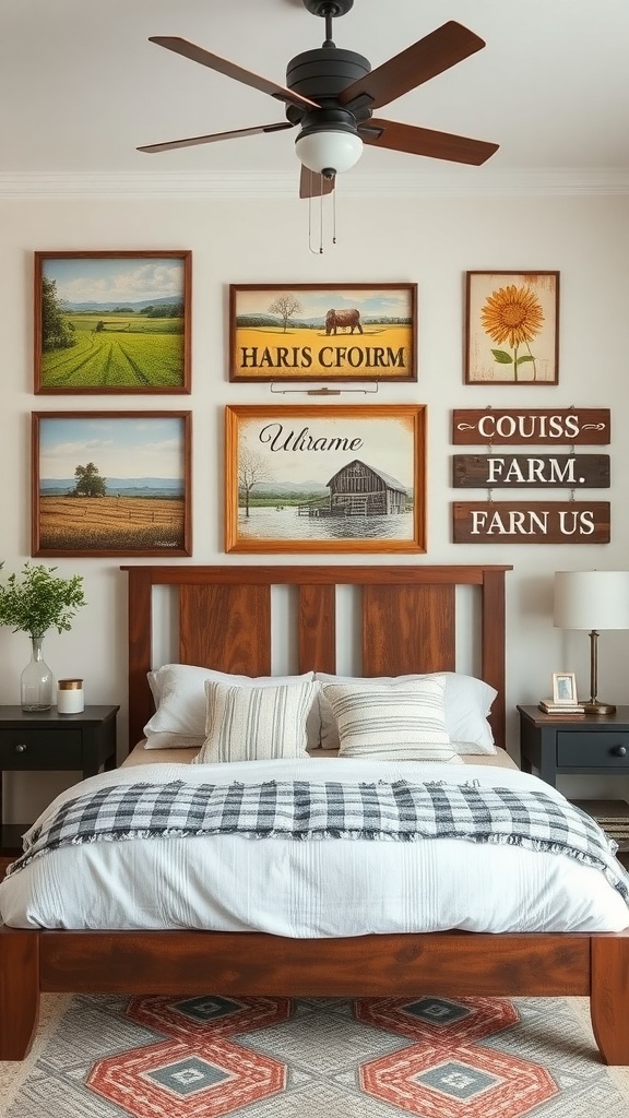 A farmhouse bedroom featuring a wooden bed, decorative pillows, and a wall with various farm-themed art pieces.