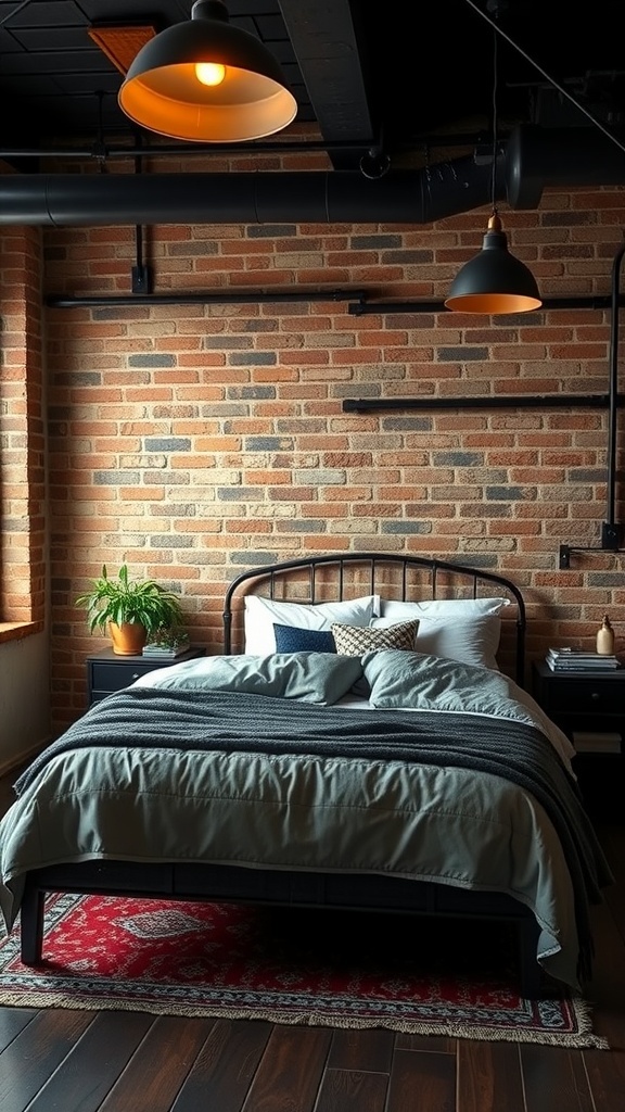 A cozy industrial chic bedroom featuring a bed with layered bedding, exposed brick walls, and warm pendant lighting.