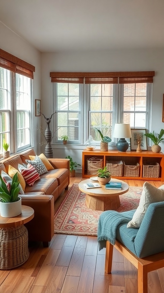 12 Trendy Home Decor Ideas for Millennials 8 Cozy living room with sustainable materials and eco-friendly designs, featuring a leather sofa, wooden furniture, and plants.