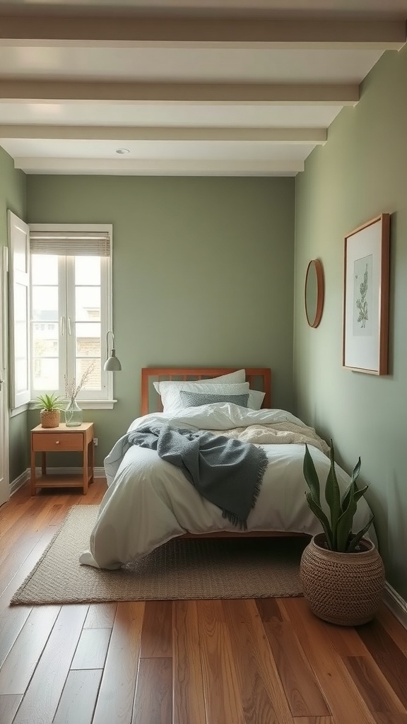 A small bedroom with sage green walls, wooden furniture, and natural light.