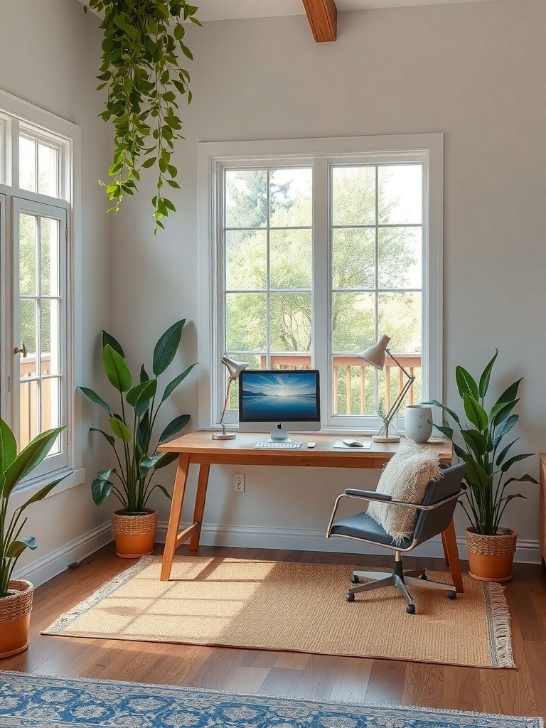 9 Inspiring Home Office Layout Ideas for Maximum Productivity 9 A bright home office featuring a wooden desk, computer, and various indoor plants.