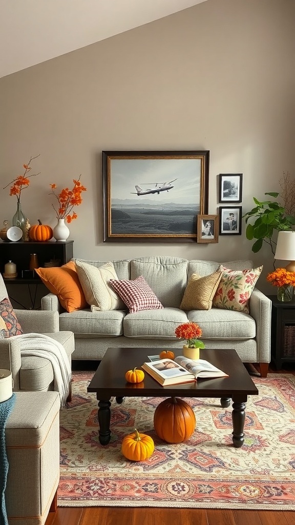 Cozy fall living room with gray sofa, colorful pillows, pumpkins, and autumn decor.