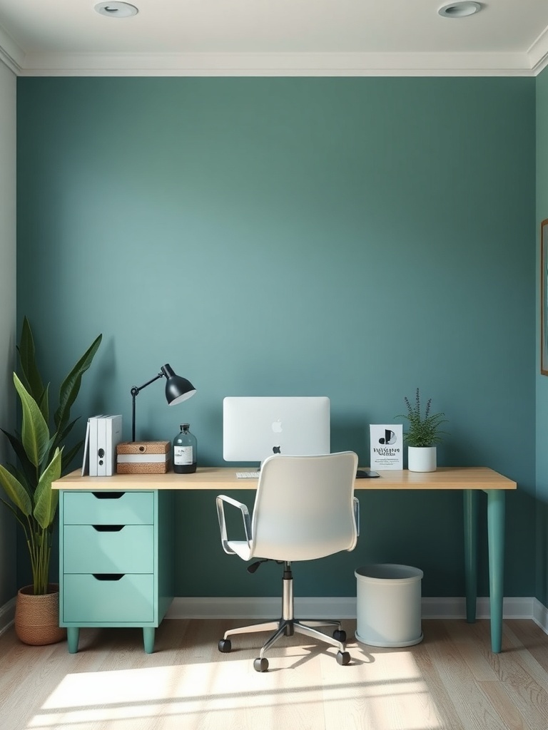 A home office with a teal wall, light wood desk, mint green drawers, and a plant.
