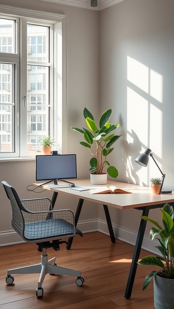A modern home office featuring a desk with a computer, surrounded by various indoor plants.