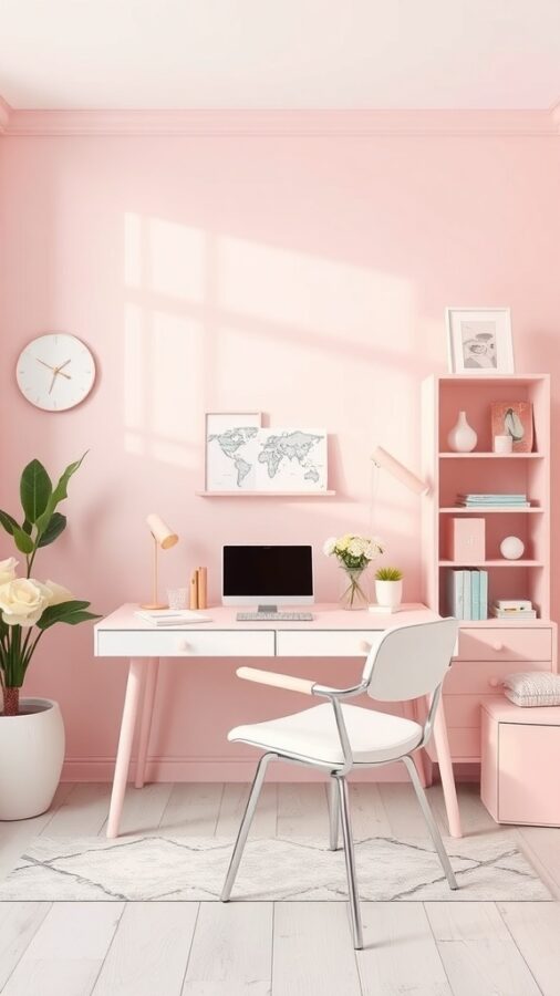 A feminine home office with soft pink walls, a white desk, and modern decor.