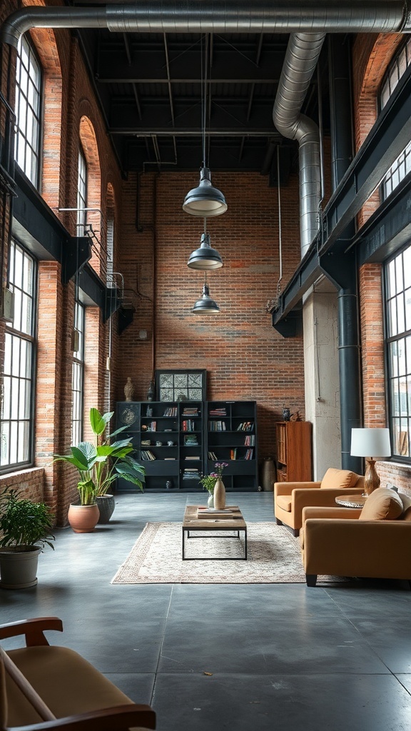 13 Awesome Home Decor Inspo to Transform Your Space 9 A spacious industrial loft with exposed brick walls, large windows, and cozy furniture.
