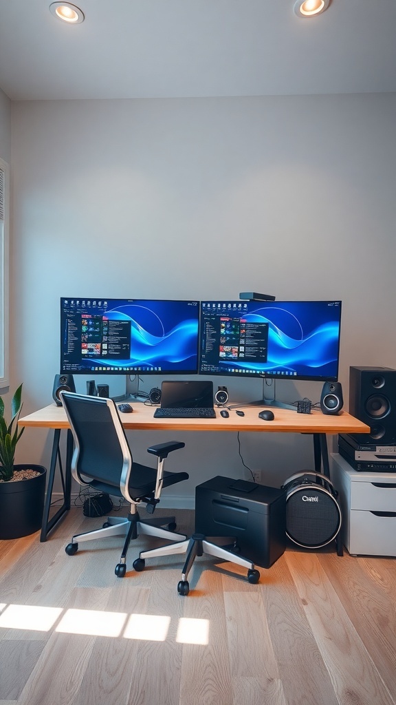 A modern home office setup with dual monitors, a comfortable chair, and quality speakers.