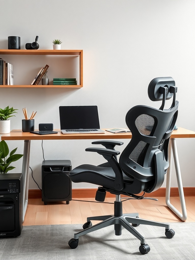A modern ergonomic chair in front of a sleek desk with a laptop and decorative plants.
