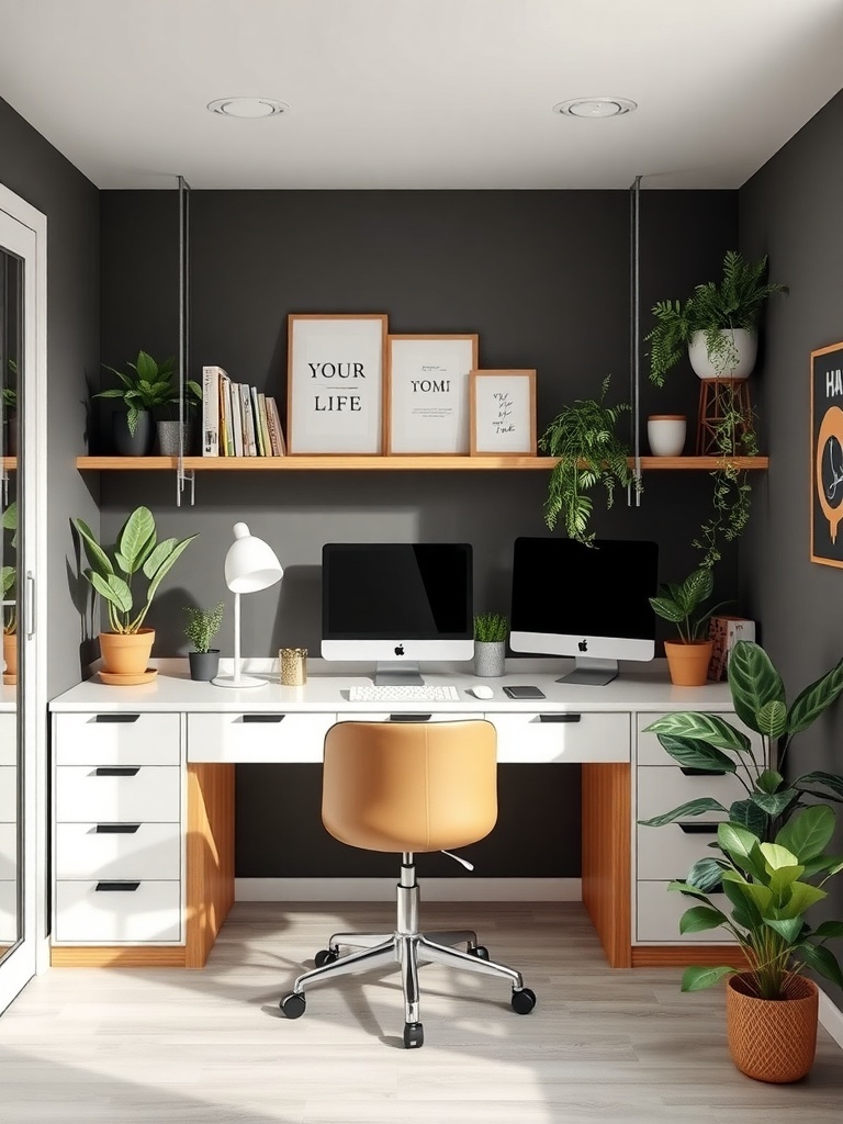 9 Inspiring Home Office Layout Ideas for Maximum Productivity 5 A modern home office layout featuring a sleek desk, two computers, plants, and wall-mounted shelves.