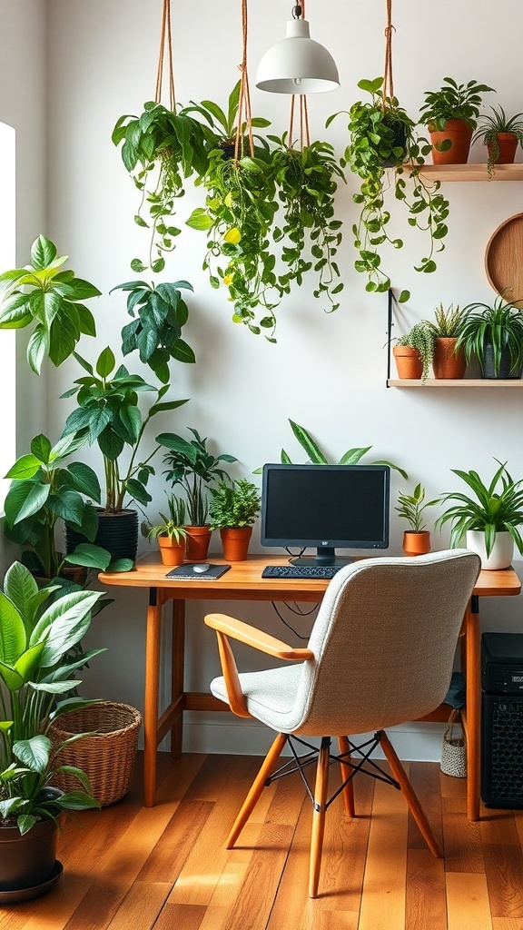 A home office with a wooden desk, computer, and various plants, including hanging plants and potted plants on shelves.