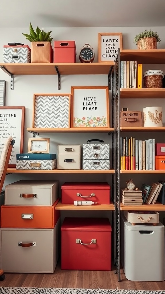 A stylish home office storage solution with colorful boxes, books, and decorative elements on wooden shelves.