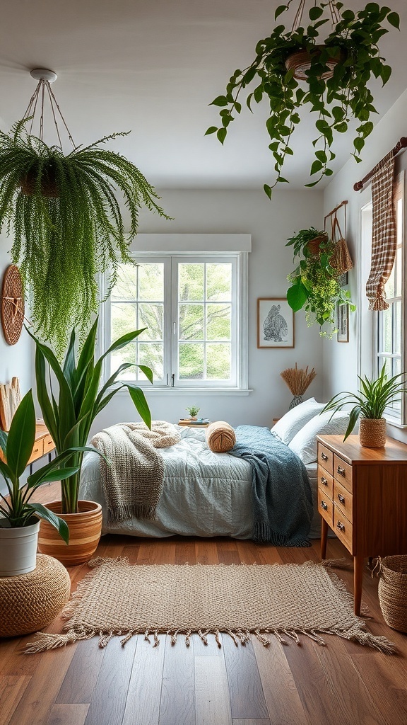 A cozy bedroom with plants, wooden furniture, and natural light.
