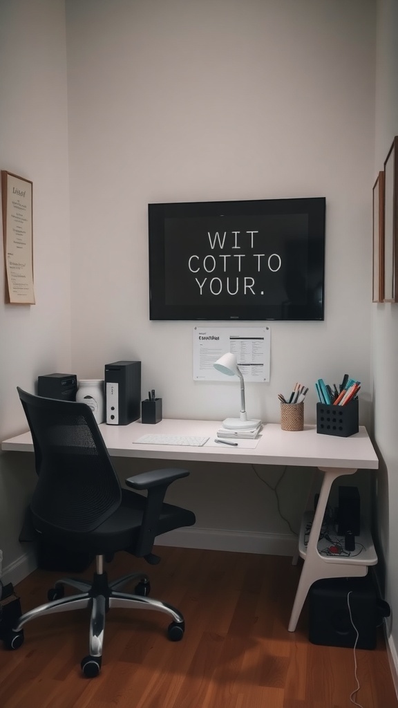A small home office setup with a desk, chair, and wall-mounted screen displaying text.