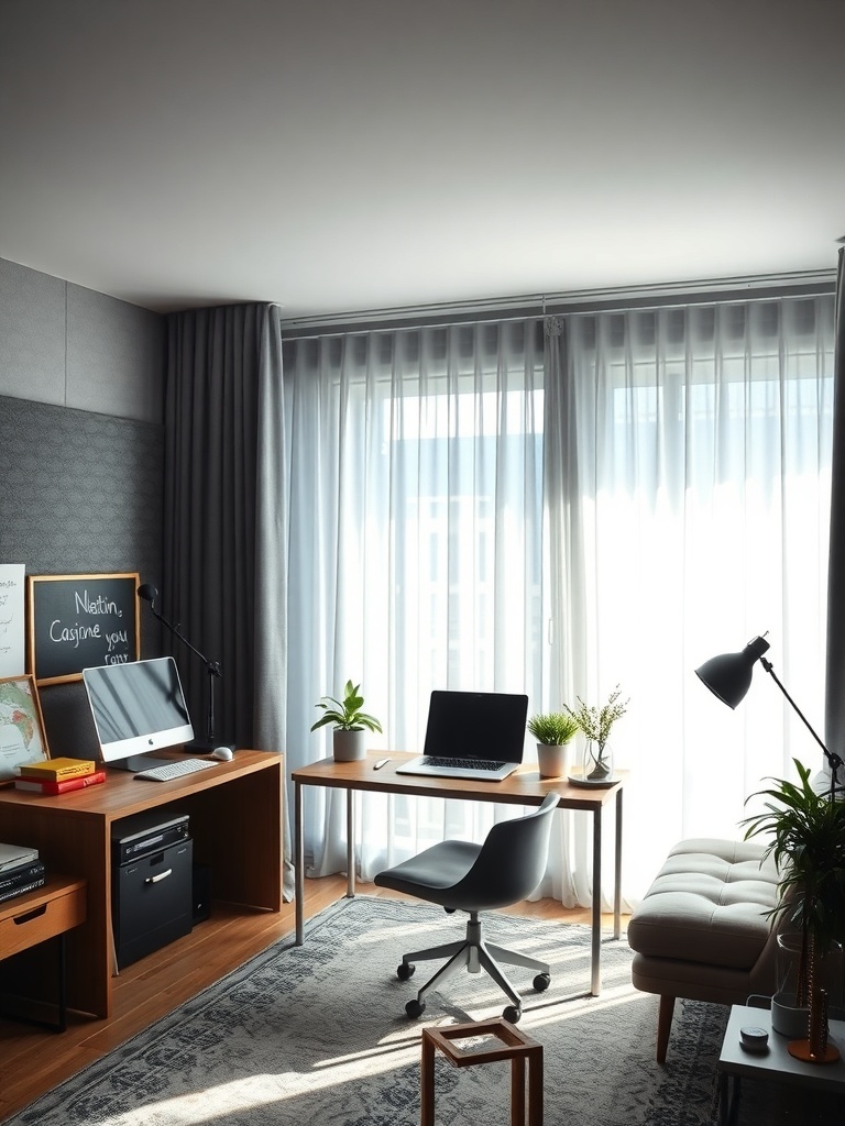 A modern home office with a desk, computer, plants, and large windows with curtains.