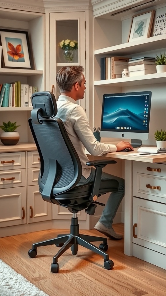 A person sitting in an ergonomic chair at a desk in a home office with built-in shelves and natural light.