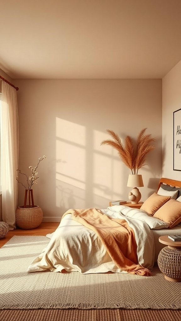 A warm and inviting bedroom with beige walls, cozy bedding, and soft sunlight.