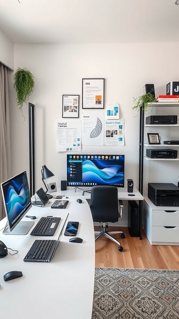A modern home office setup featuring dual monitors, a laptop, and a clean desk with plants.