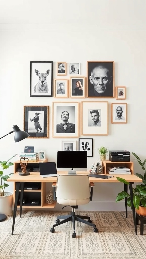 12 Trendy Home Decor Ideas for Millennials 9 A stylish workspace with a gallery wall featuring black-and-white framed portraits and a dog photo.