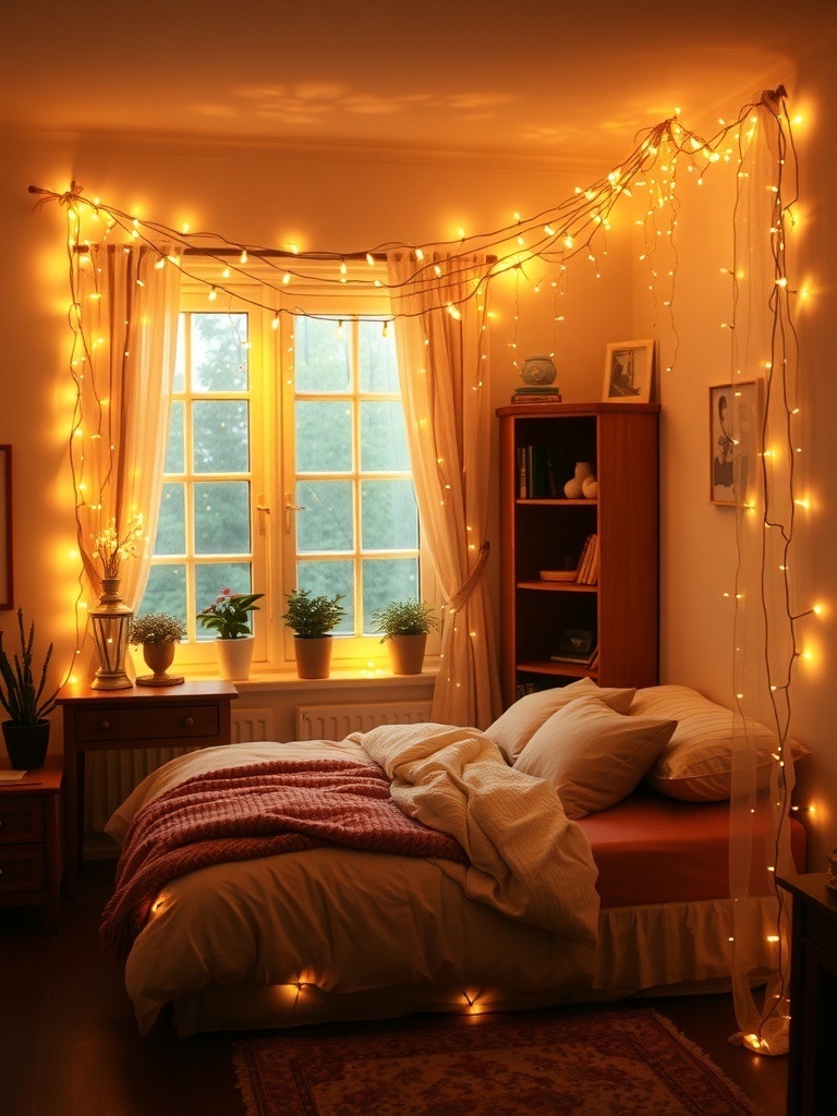 14 Whimsical Home Decor Items to Spark Your Imagination 3 A cozy bedroom with fairy lights draped around a window, creating a warm and inviting atmosphere.