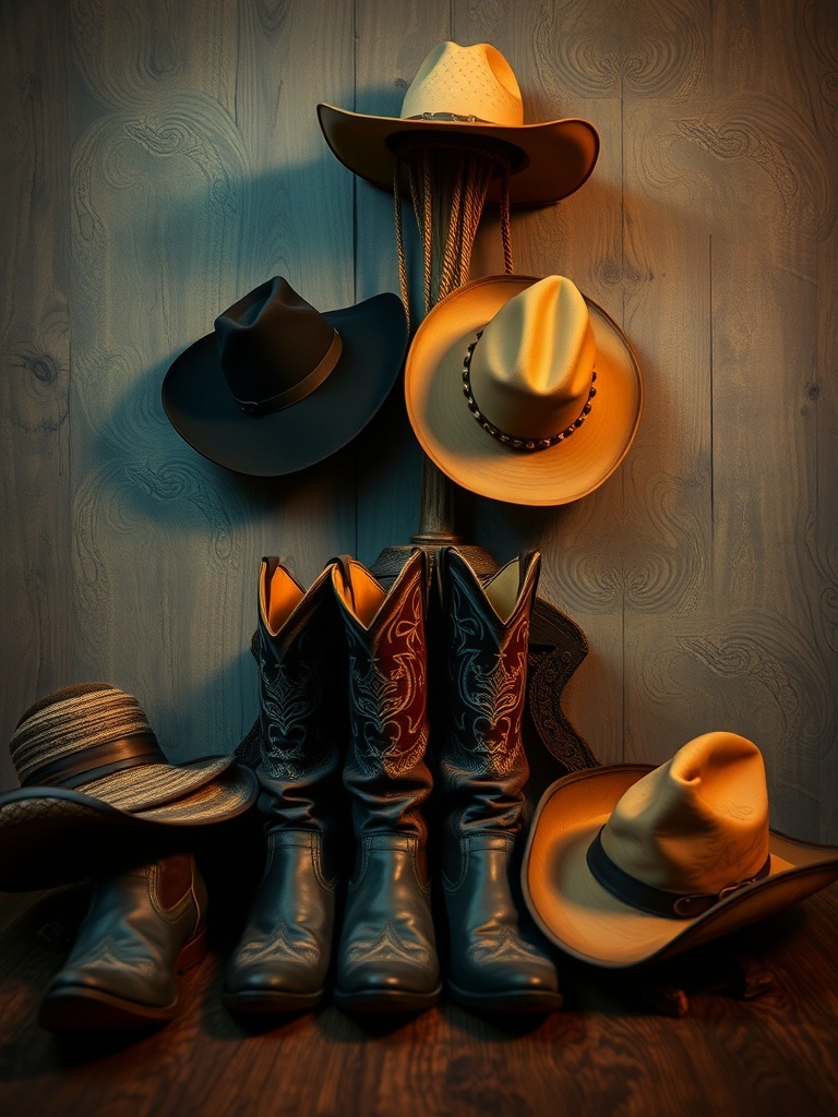 16 Unique Gothic Western Home Decor Finds 13 A display of cowboy boots and hats showcasing Western home decor.