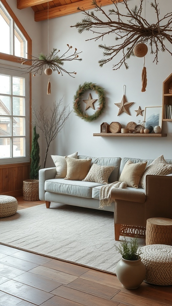 A rustic living room decorated with natural elements for Christmas, featuring hanging branches, a wreath, and cozy furnishings.