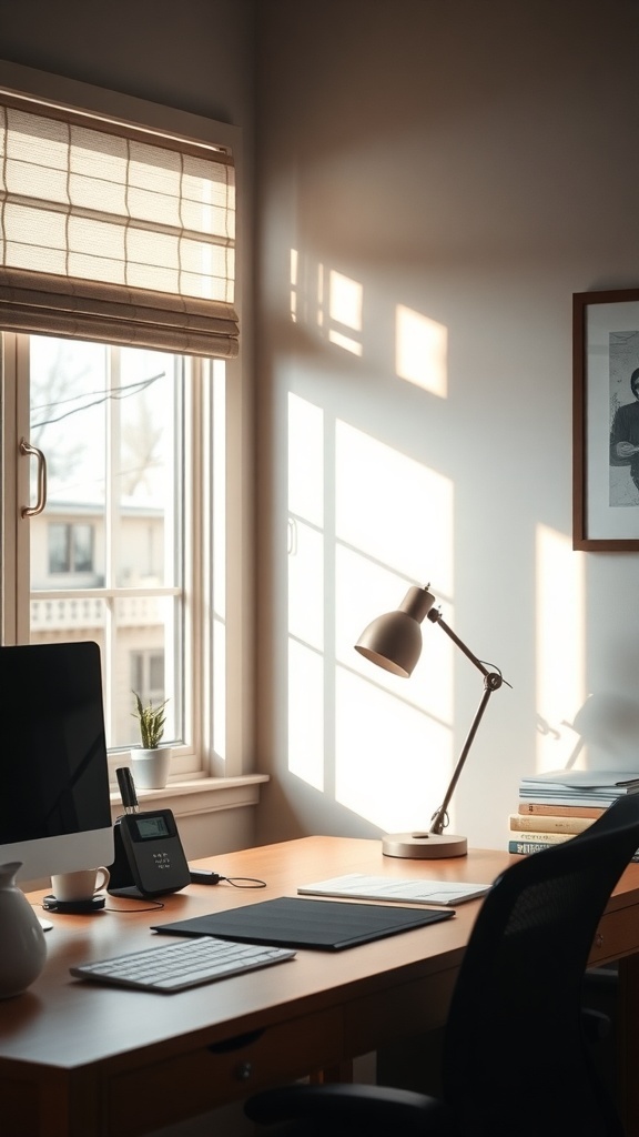 A small home office with a desk, computer, lamp, and natural light from a window.