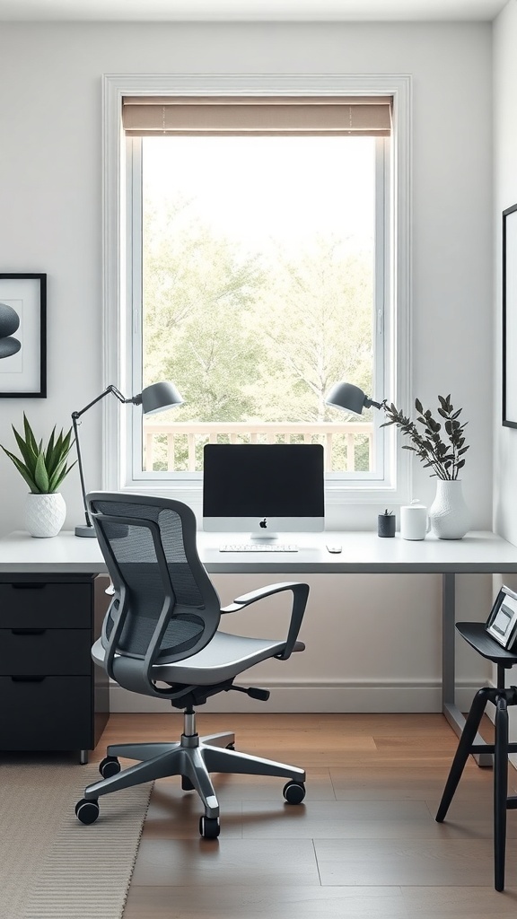 A minimalist home office with a white desk, ergonomic chair, and natural light from a window.