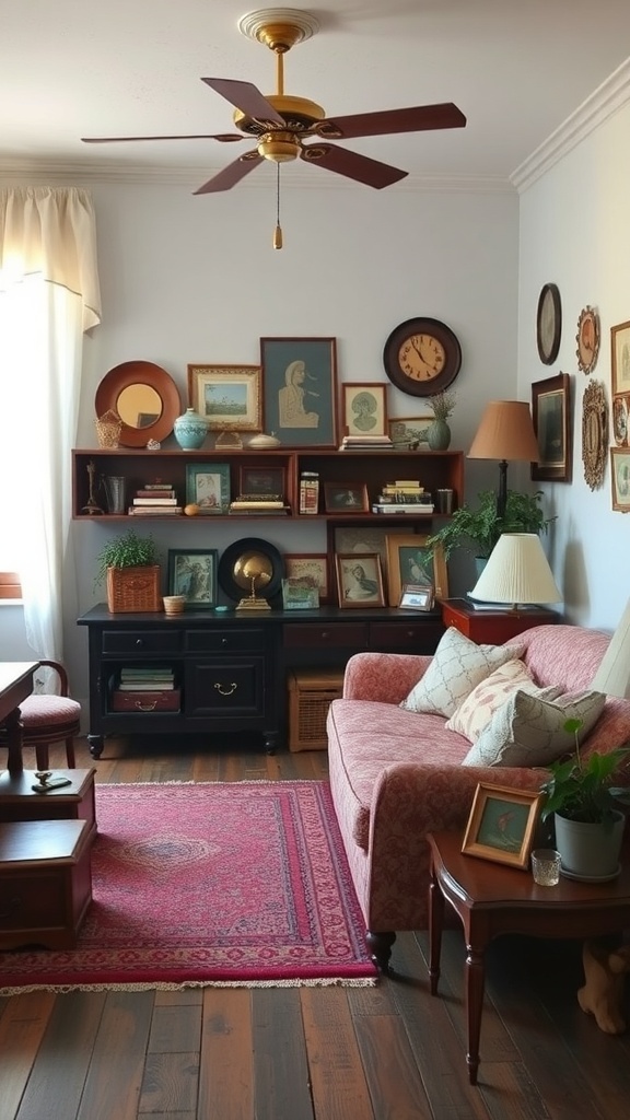 12 Trendy Home Decor Ideas for Millennials 2 Cozy living room with vintage decor, featuring a pink sofa, wooden shelves with framed art, and a patterned rug.