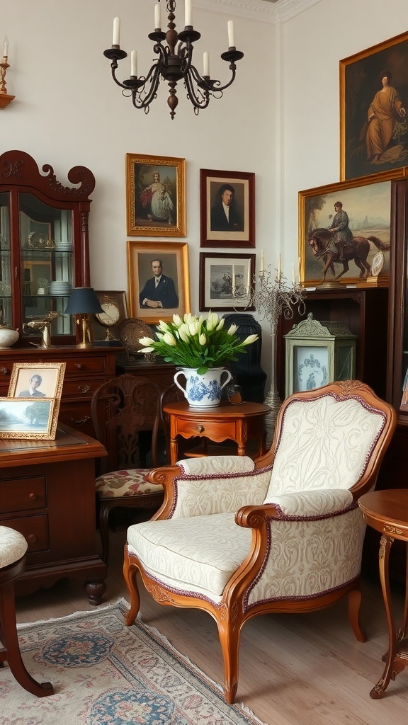 7 Timeless Traditional Home Decor Essentials 2 A cozy room featuring antique furniture, including a decorative chair, wooden cabinet, and framed portraits on the wall.