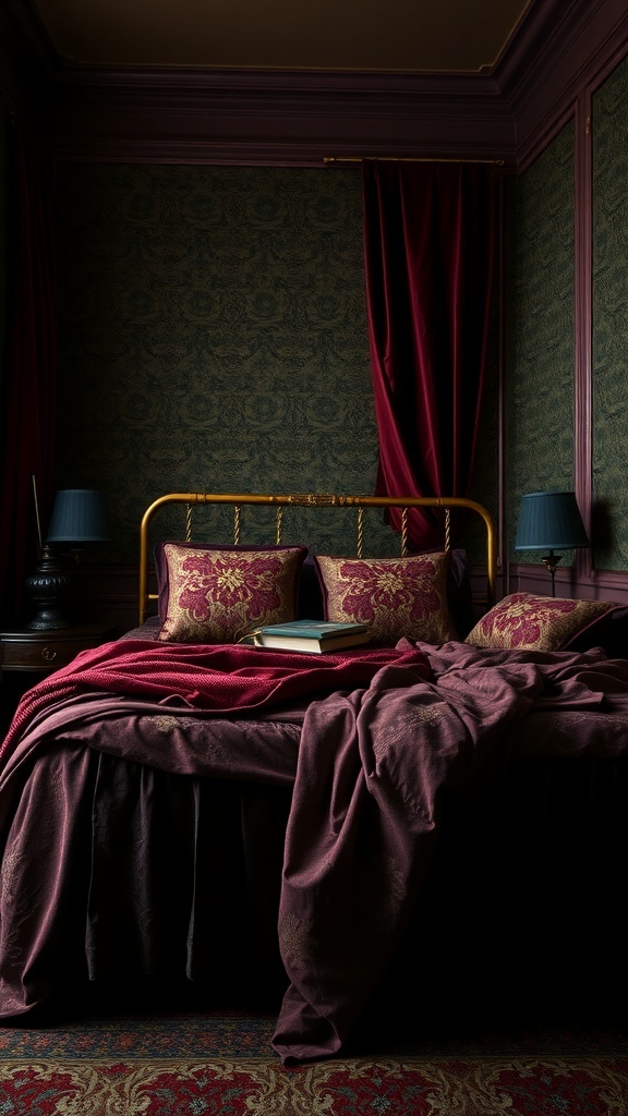 A dark academia styled bedroom featuring rich textured fabrics in deep burgundy tones.