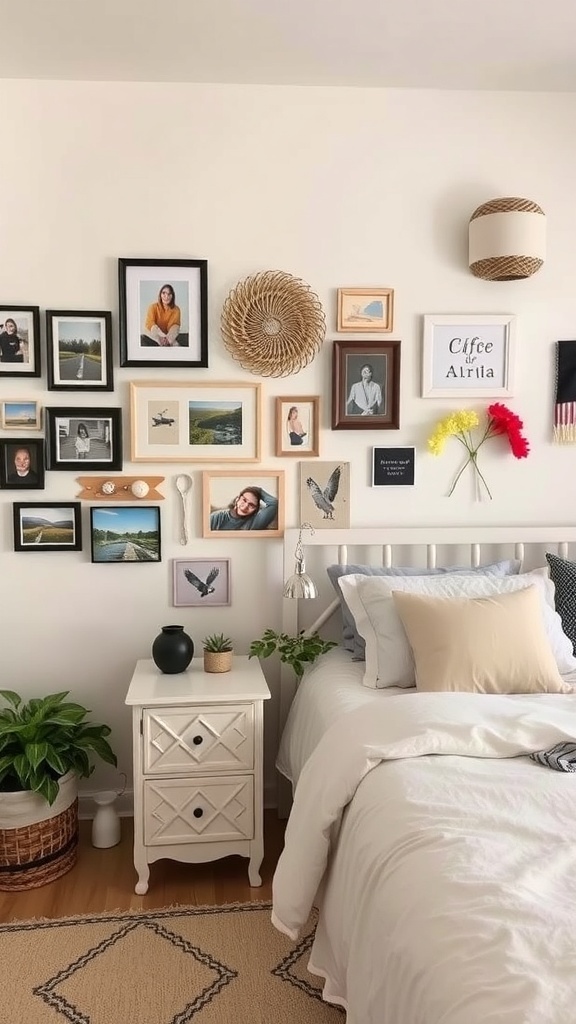 A cozy bedroom with a gallery wall of framed photos and art, a bedside table with plants, and soft bedding.