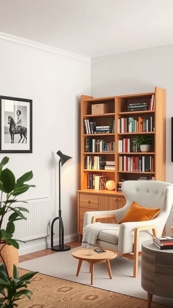 Cozy reading nook with a comfortable chair, bookshelf, and warm lighting