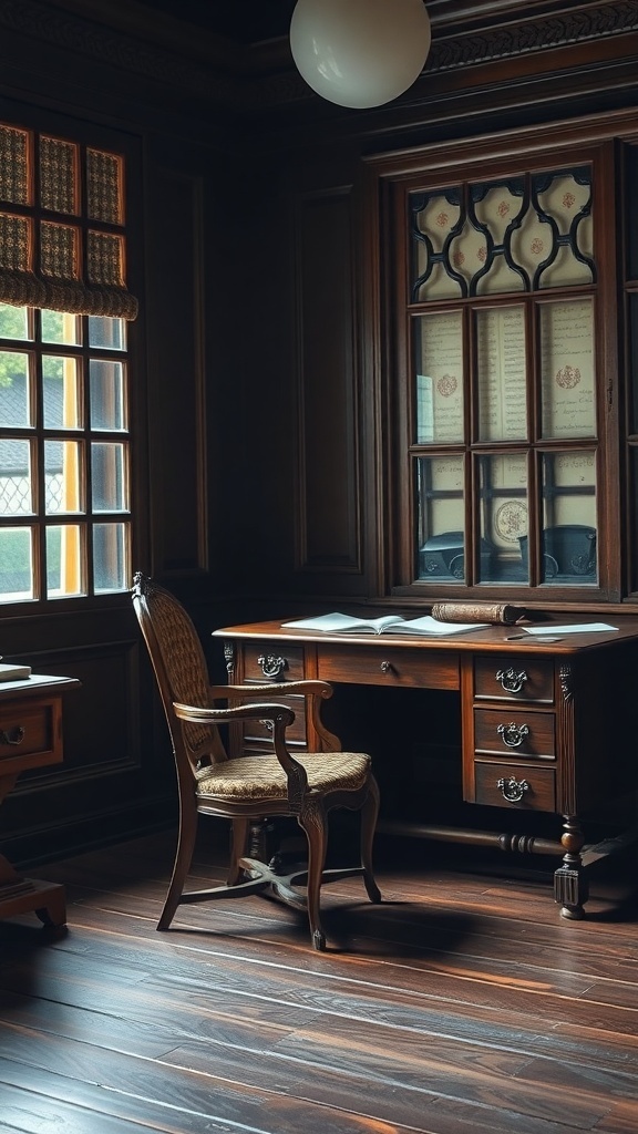 A cozy dark academia bedroom featuring antique wooden furniture, including a desk and a chair, with natural light streaming through the windows.